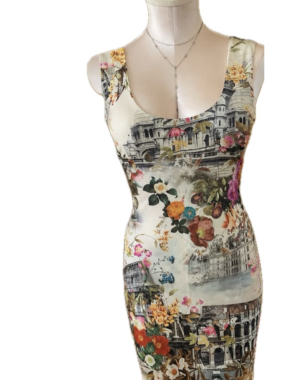 Cream Floral & Architectural Print Bodycon Dress